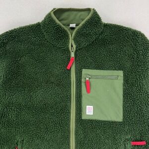 Topo Designs Green Sherpa Fleece Jacket with Red Accents